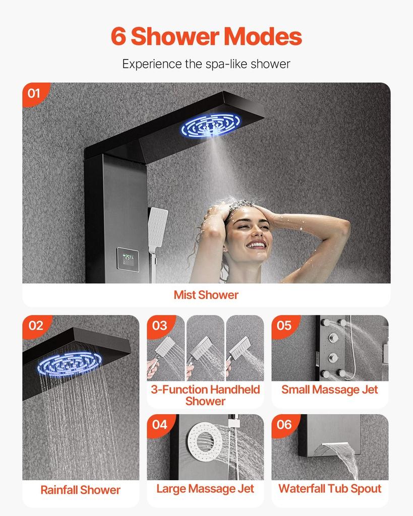 Shower Panel Tower System Stainless Steel Column Rainfall Head Massage Jet