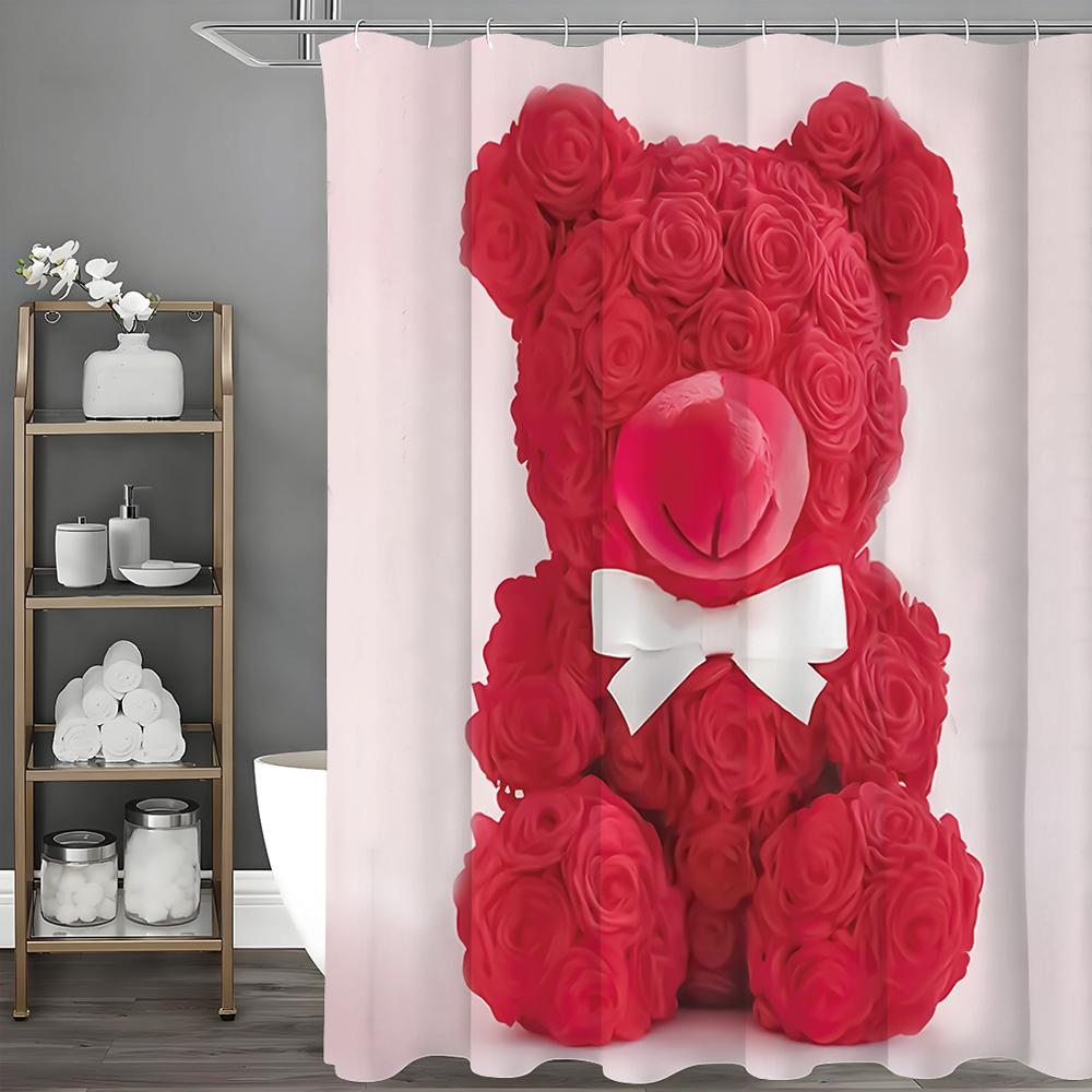 

Red Rose Bear Shower Curtain, Bathroom Decorative Shower Curtain, Waterproof Shower Curtain with Hooks 90*180cm