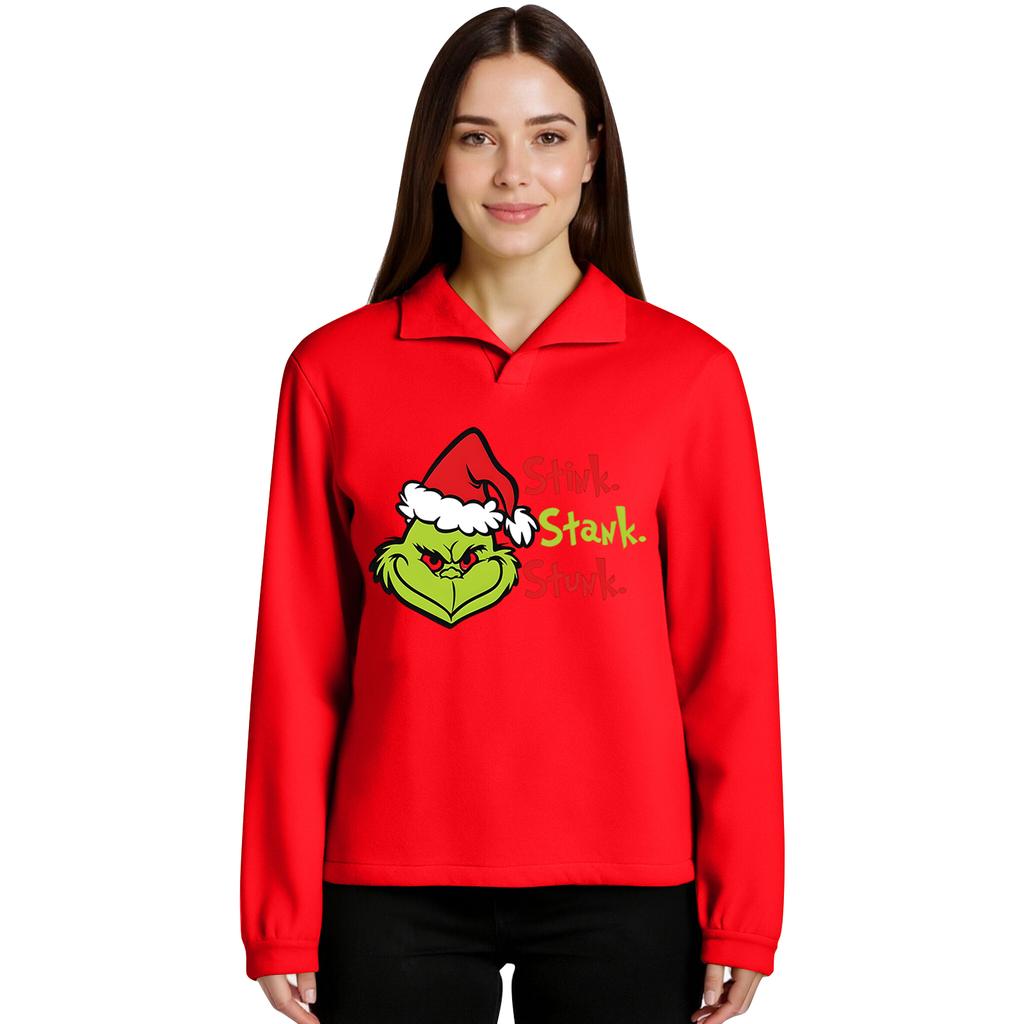 Women's Stand-up Collar Long-sleeved Pullover Top, Christmas Print Sports Top