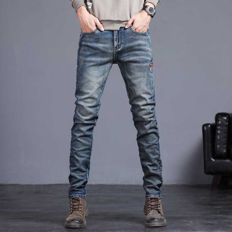Spring and Autumn Jeans Embroidered Jeans Men's Slim Fit Casual Little Feet Trousers Stretch Vintage Street Denim Trousers Male