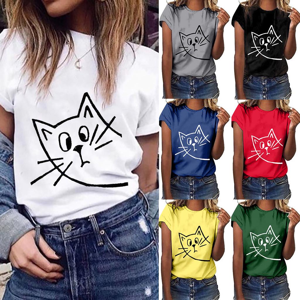 Buy Women Plus Size Cat Gesture Print Short Sleeve TShirt Tops at