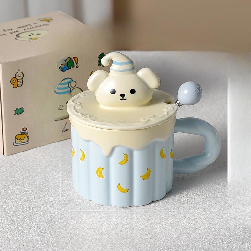 Cremiger Welpe Besonders Schöne Frühstückstasse mit Deckel Löffel Große Kapazität Tasse Niedliche Kindertasse Keramik