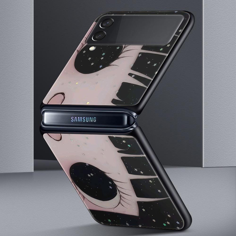 Hard PC Phone Case For Samsung Galaxy Z Flip 7 6 5 4 Black Cover For Galaxy Z Flip 3 Foldable Shockproof Cute Black Big Eyes Bag