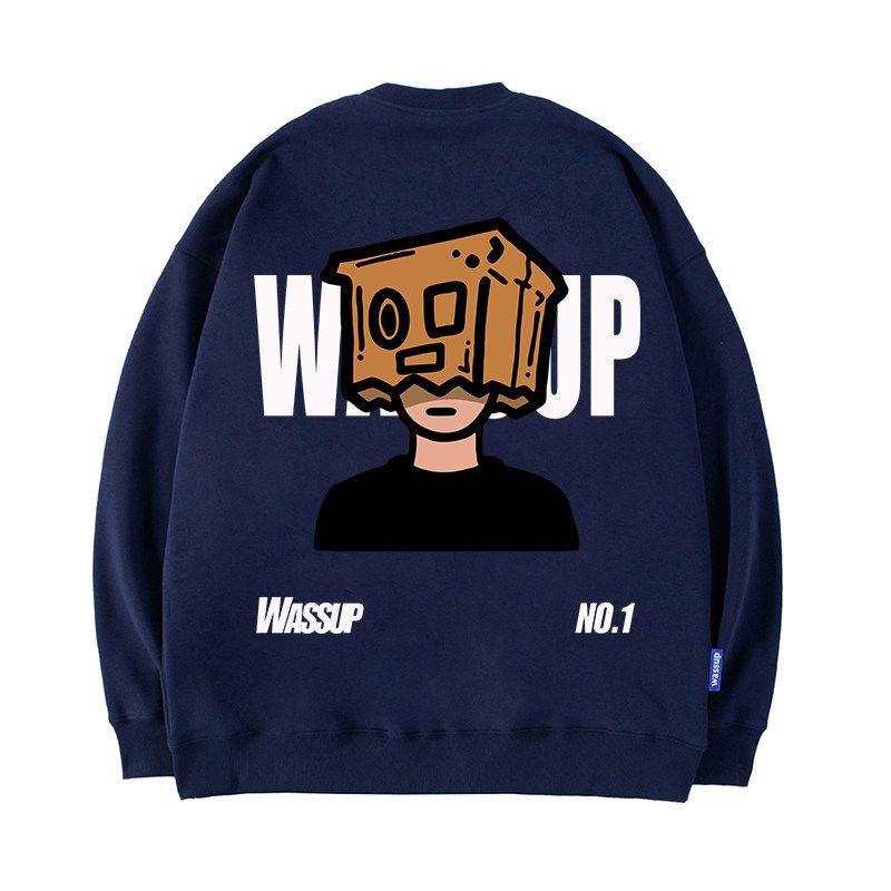 

Wassup Box Boy American-Style Heavyweight Sweatshirt Autumn and Winter 2025 New Trendy Versatile Couple Crew Neck Top Navy Blue (Heavyweight Essential) L