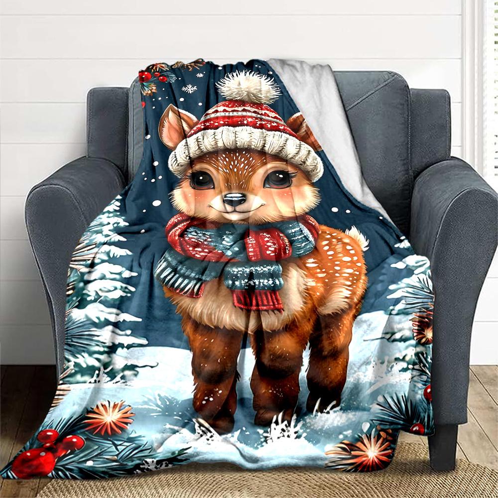 1pc Winter Christmas Deer Blanket, Lightweight Flannel Throw Blanket for Sofa, Bed, Travel, Camping, Living Room, Office, Couch012