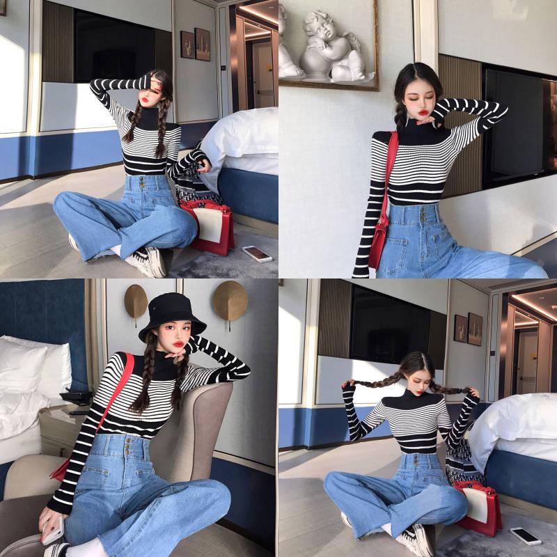 Autumn and Winter Retro Striped Sweater High Collar Pullover Head Hundred Long-sleeved Knitted Sweater Female Slim Thin Bottoming Shirt Top