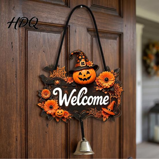 Rustic Porch Hanging Sign Halloween Pumpkin Ghost Wooden Welcome Door Hanger Sign Cute Wall Ornament with Bell 3D Floral Art Rope Decor for