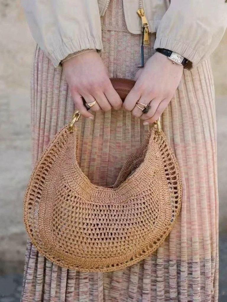 Women's Crescent Straw-Woven PU Leather Handbag - Fashionable Commuter Underarm Bag