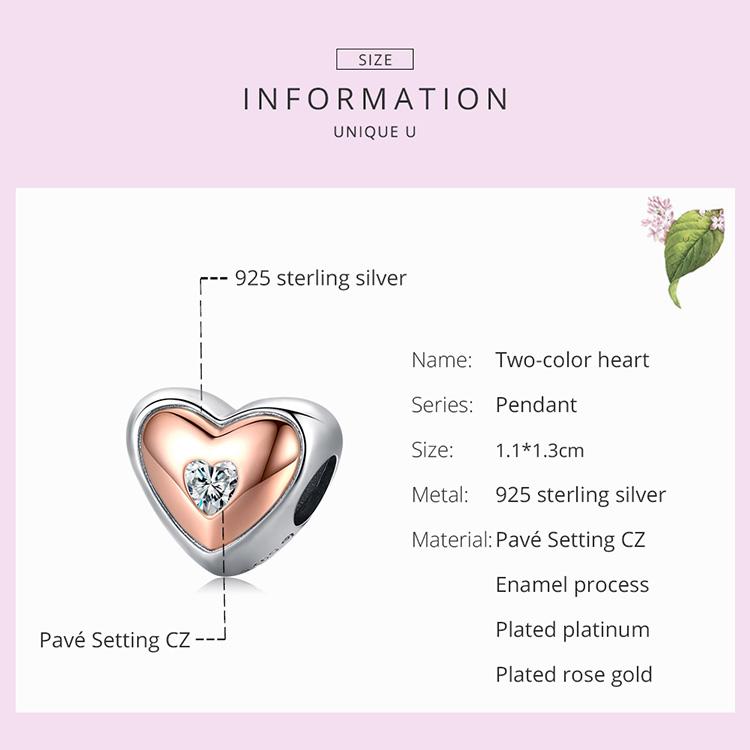BAMOER 925 Sterling Silve Charm Two Color Heart Love Zircon Plated Rose Gold Fit Original Charms DIY Bracelets Bangles Jewelry
