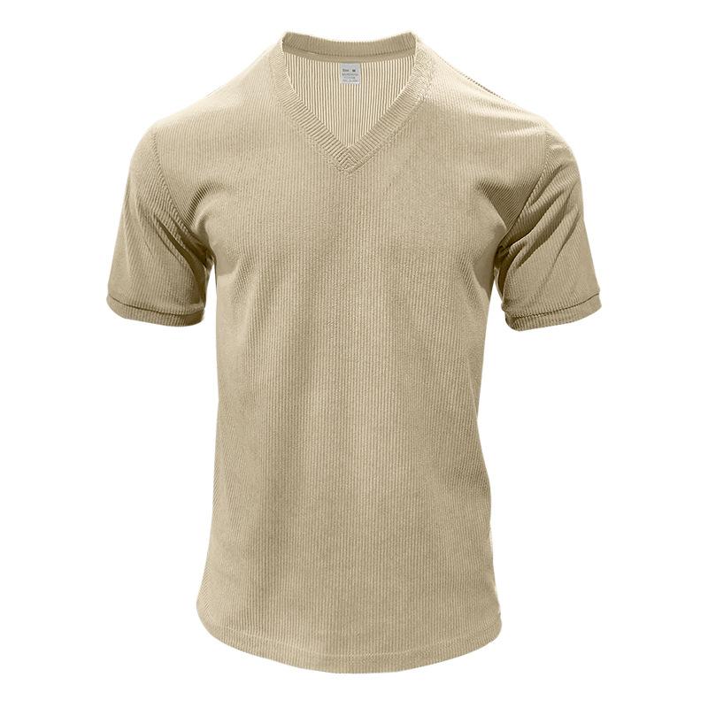 Men's Fashion V-Neck Knitted Shirt Solid Color Short Sleeved Textured T-shirt Pullover