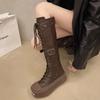 Μόδα Γυναικεία Πλατφόρμα Φλατ Μπότες Μοτοσικλέτας μέχρι το Γόνατο Δερμάτινα Παπούτσια Χειμώνας 2025 Πολυτελής Ολοκαίνουργια Μόδα Chelsea Δέσιμο με Κορδόνια Botas Mujer