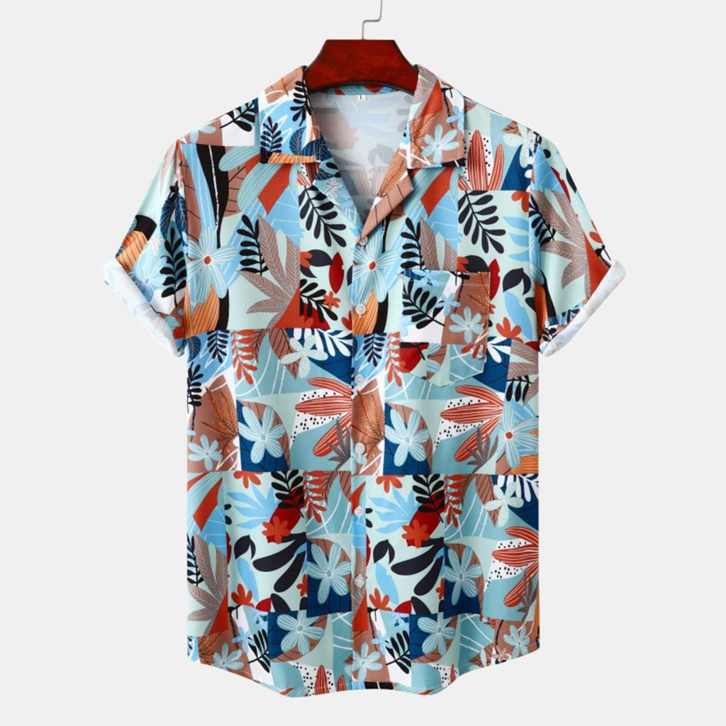 New Hawaiian Beach Style Cuban Neck Ice Silk Drop Digital Printed Short Sleeve Flower Top