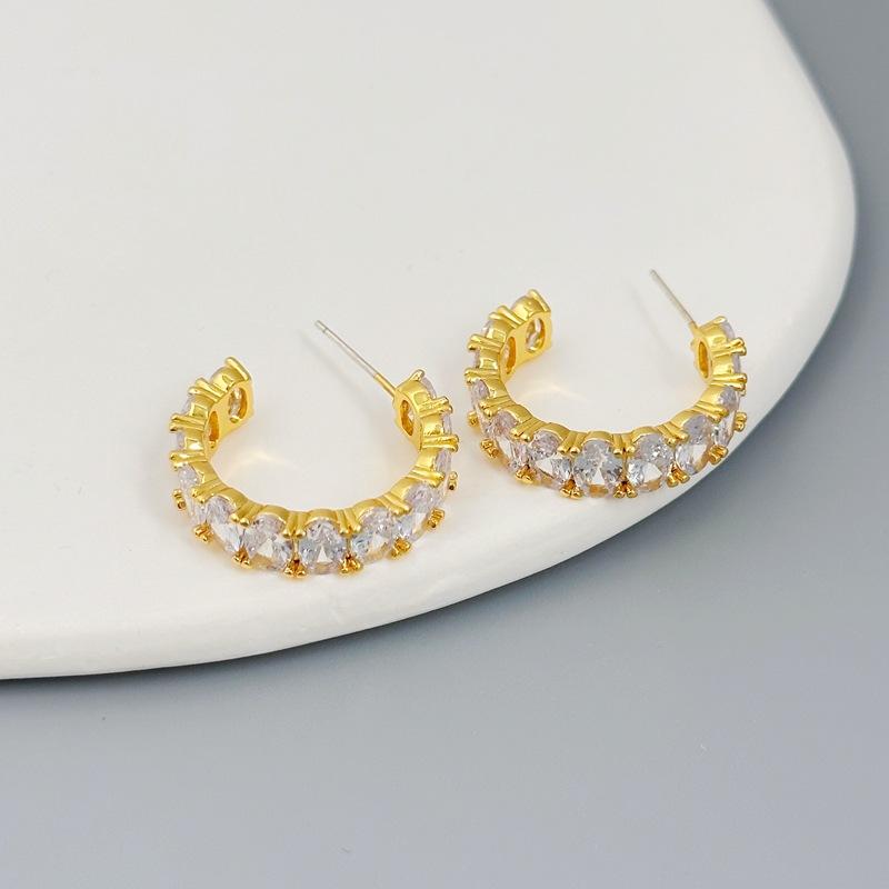 Trendy Women S Fashion Earrings, High-End Zircon Geometric C-Shaped Stud Earrings