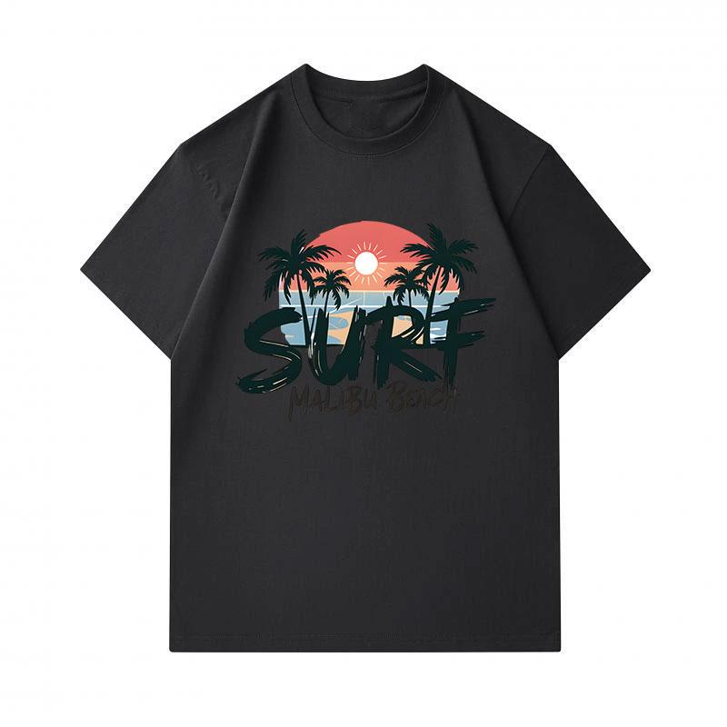 Men's 100% Cotton Crew Neck Short Sleeve T-Shirt, Surf Malibu Beach Retro Palm Sunset Print Casual Breathable Summer Top for Daily Outdoor Surfing Str