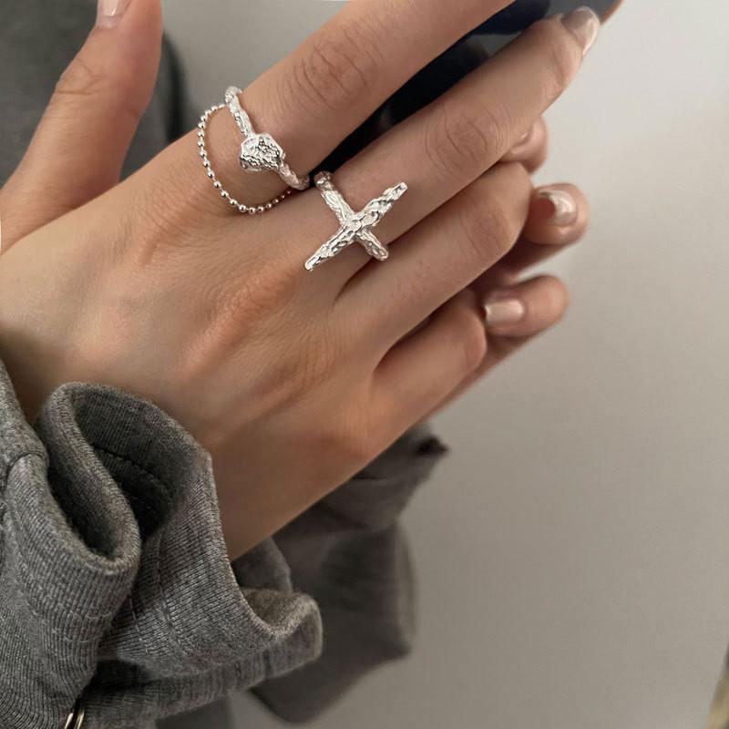 Sterling S925 Trendy Silver Open Ring Designed With Geometric Cross Texture For Aesthetics Modern