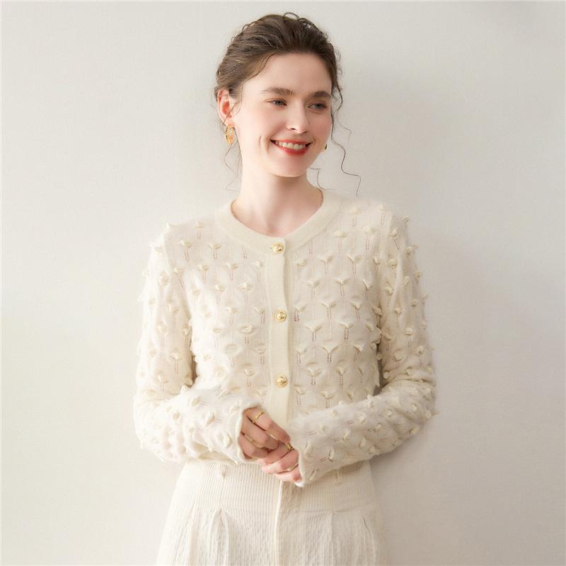 Lightweight & Chic: Autumn/Winter 12-Gauge Cashmere Round Neck Hollow Knit Cardigan with Raised Dots