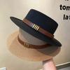 British Retro Women'S Straw Hat Spring/Summer Flat Top Sunscreen Beach Fashion Casual Black Jazz Style