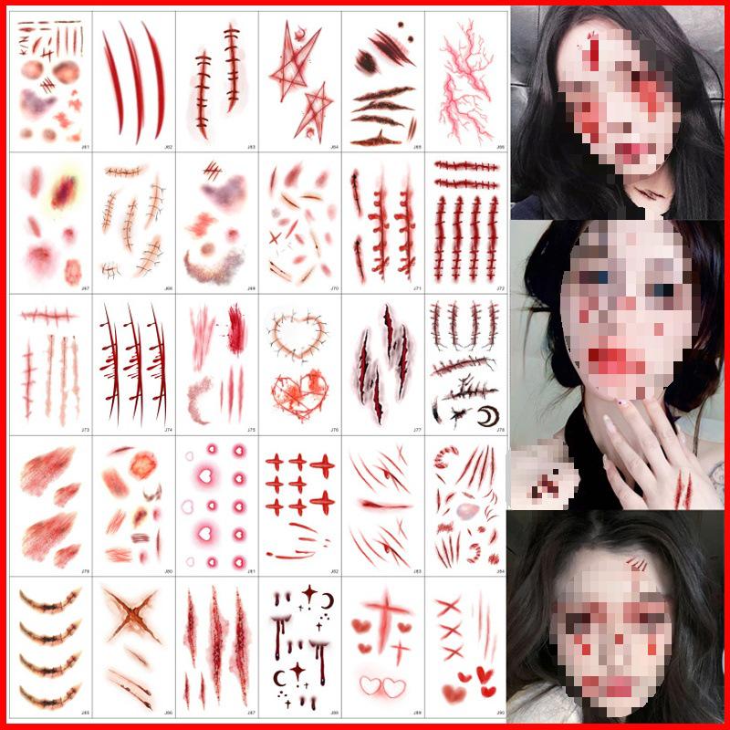 Halloween Makeup: Horror Scars, Fake Teeth, Little Tiger Teeth, and Blush Tattoo Stickers for Party Decoration