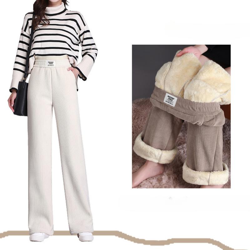 Zimowe damskie spodnie z wysokim stanem, koreańskie, z podszewką z polaru, z szerokimi nogawkami, casualowe, grube, ciepłe, luźne spodnie dresowe, z jagnięcą wełną, proste pantalones
