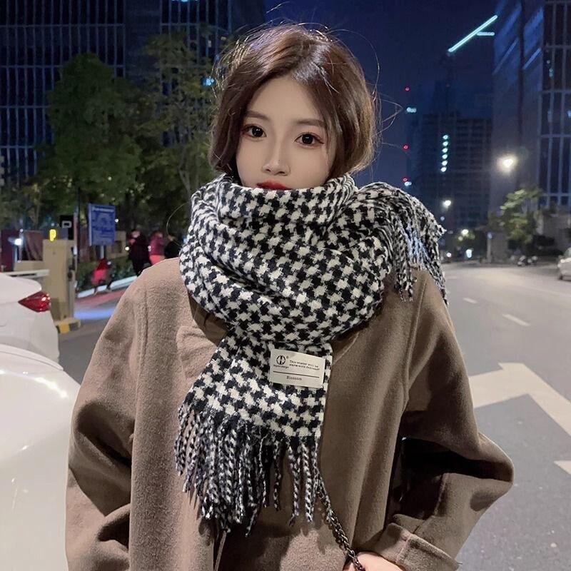 Korean Style Plaid Mohair Scarf - Women's Winter Imitation Cashmere Shawl
