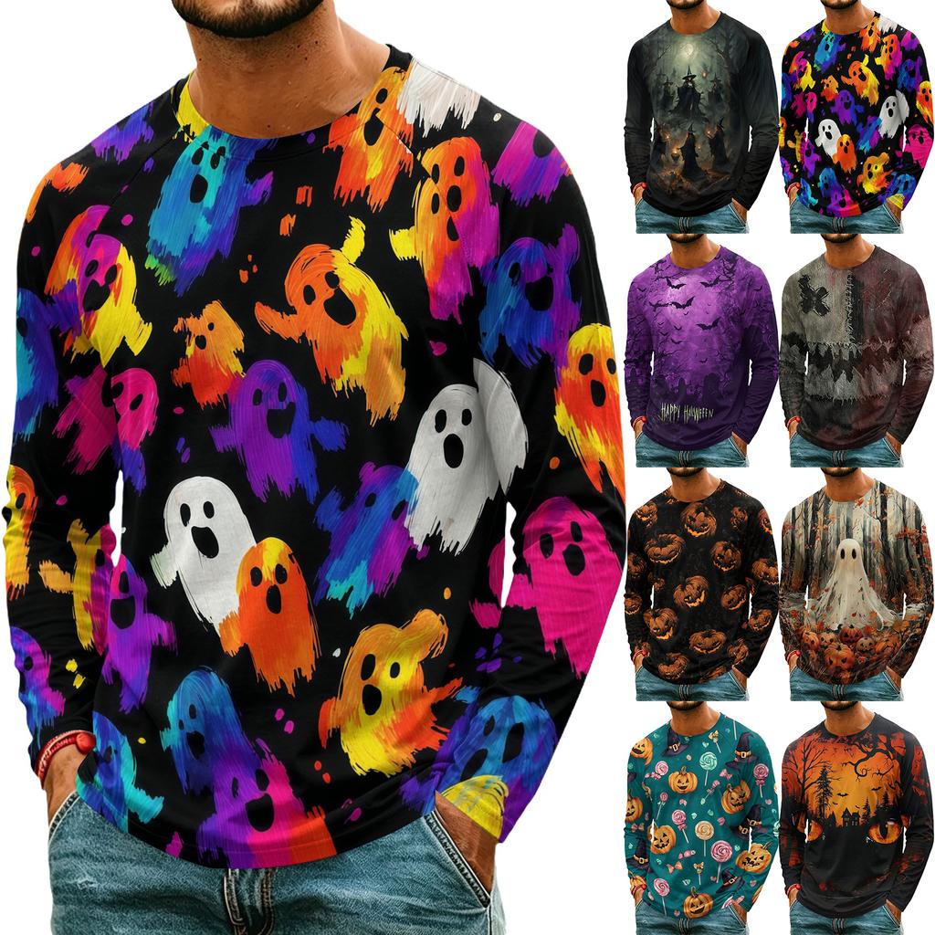 Men's Casual Halloween Print Neck Long Sleeve T-Shirt Lightweight for Daily Wear