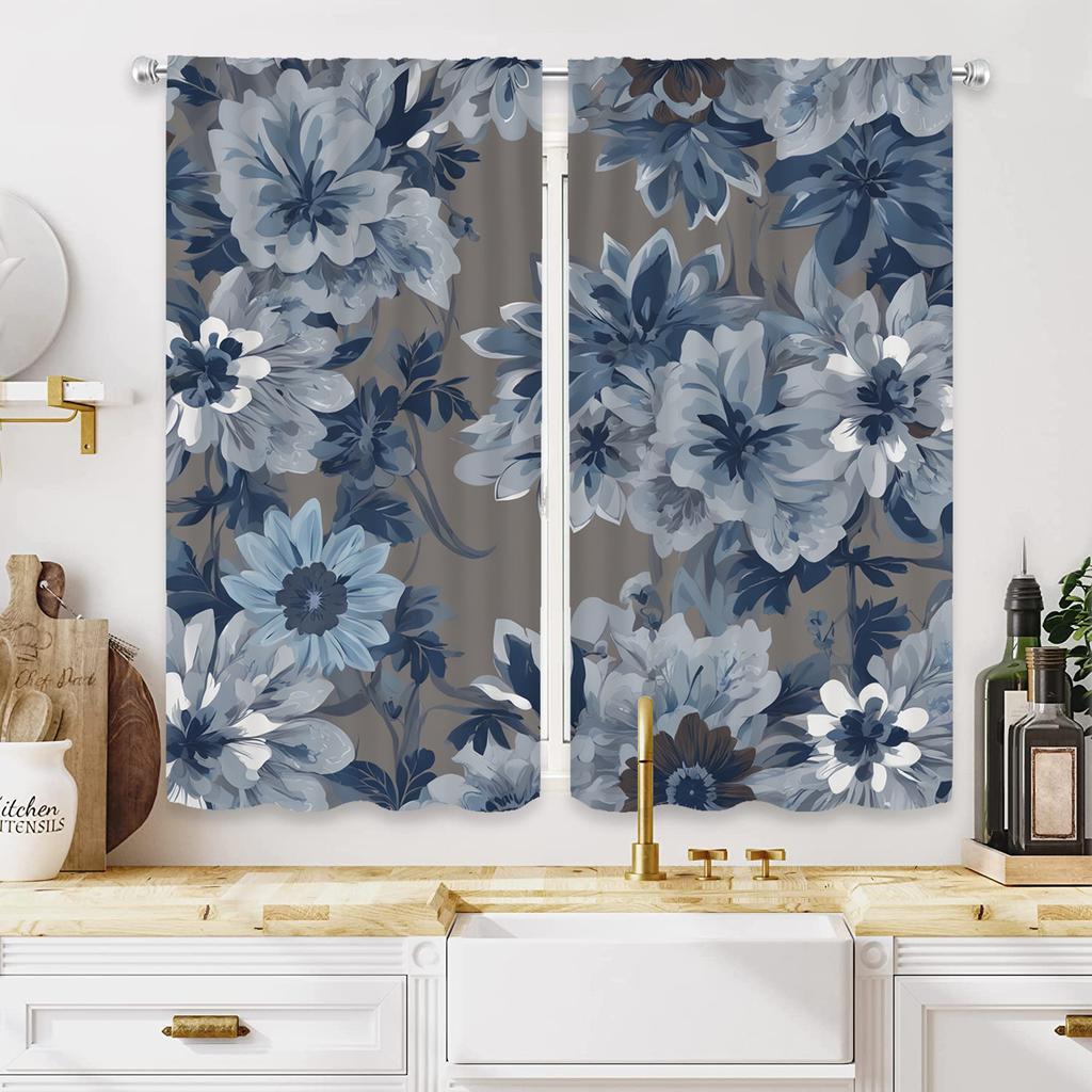 2Pcs Blue & White Floral Print High-Definition Digital Curtains - Double Fan Design, Semi-Transparent, Machine Washable Polyeste