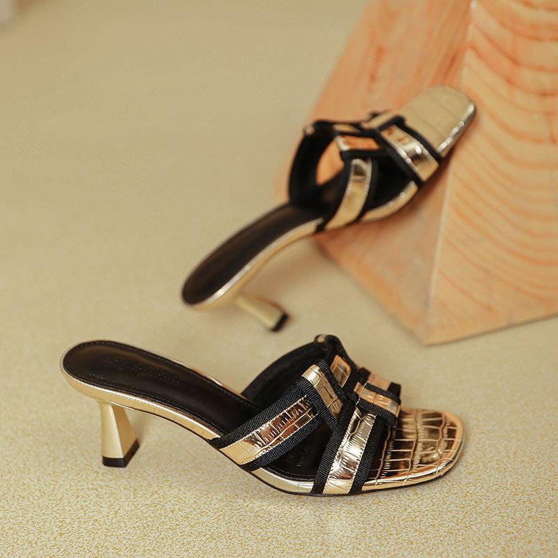 Temperament French Slippers Women's Sandals 2025 New Sandals Plaid Square Heel High Heels One-word