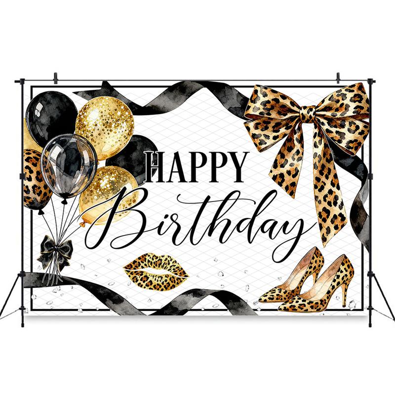 Mocsicka Leopard Print Happy Birthday Photography Backdrop Bow High Heels Background Cloth Women Girl Birthday Party Photo Booth Cotton-150x100cm
