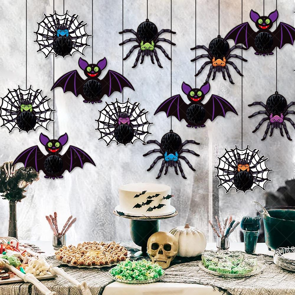 Hot Selling New Halloween Honeycomb Hanging Ornaments 3D Spider Bat Hanging Pendants for Halloween Party Decoration