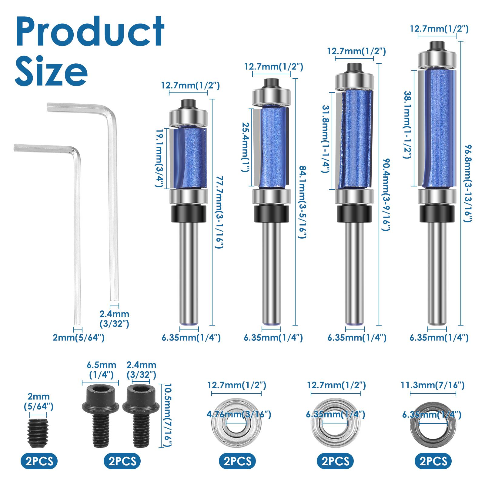 

4Pcs 1/4 Shank Flush Trim Router Bit Hard Alloy Versatile Wear Resistant Straight Cut Router Bit for Wood Veneer Laminated Board Blue 4 sticks