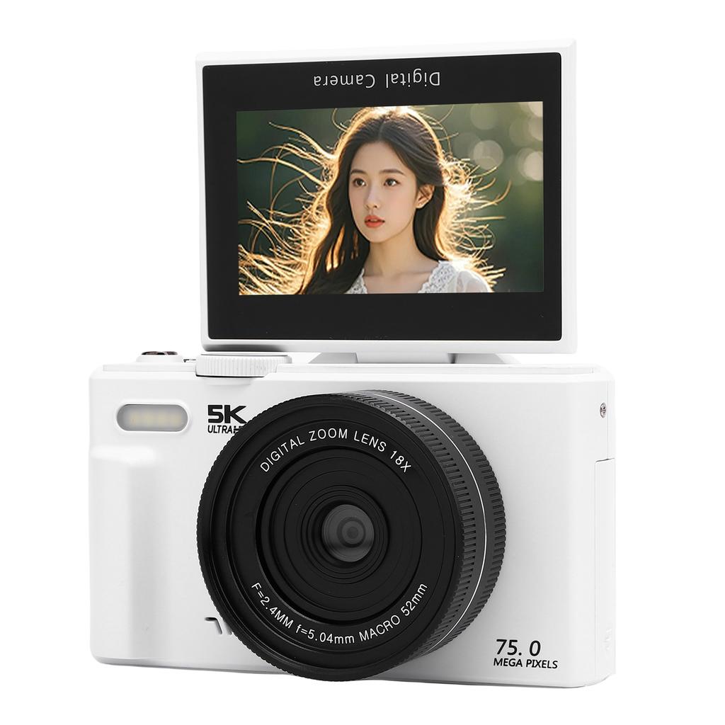5K 75MP Digital Camera UHD AF Auto  18X Zoom WiFi Camera Webcam with 3 Inch 180 degrees    Screen Flash for Travel