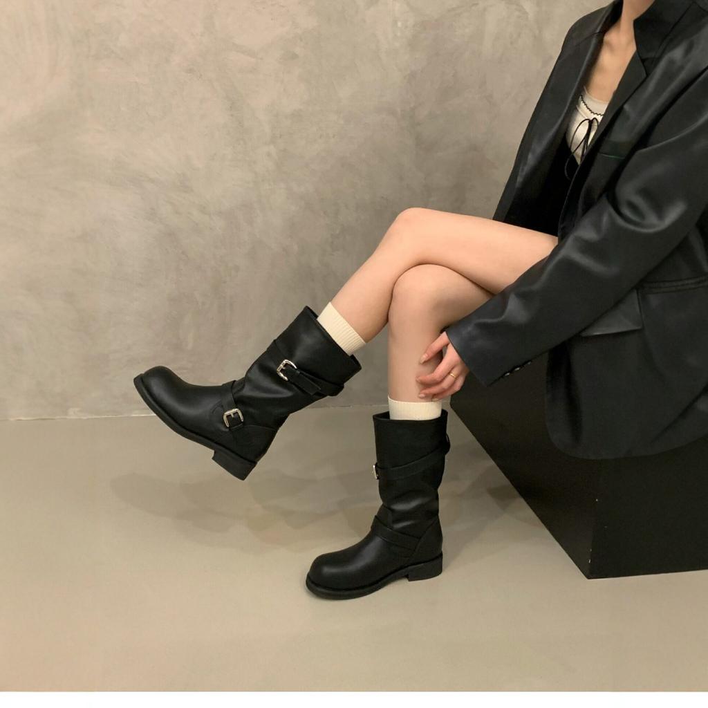 Retro style belt buckle locomotive boots women's thick heel medium boots thin versatile knight boots western boots summer women's boots