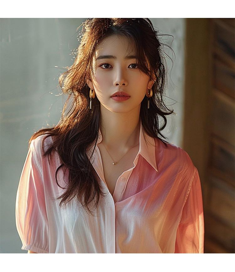 2025 New Unique and Beautiful Design Sense Summer Pink and White Gradually Changing Color Shirt for Women's Niche Age Reducing Top