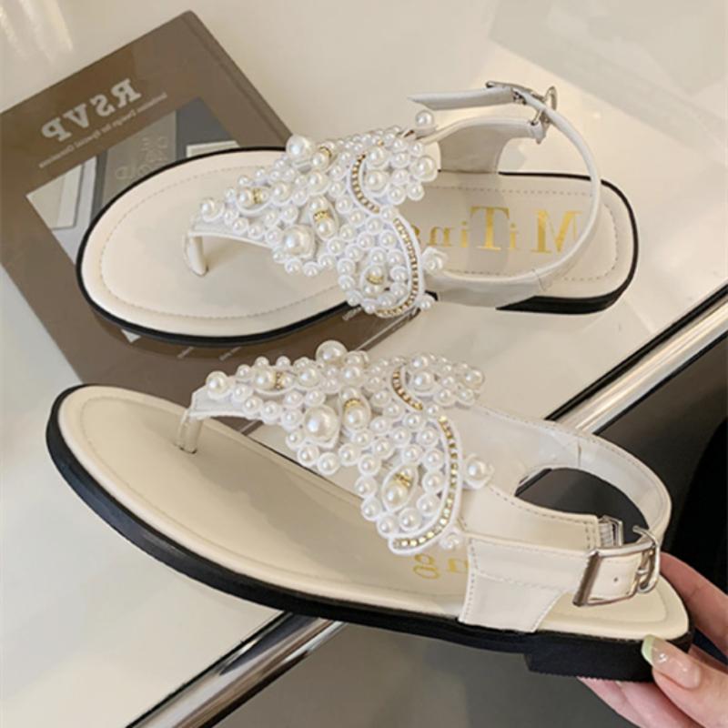 Fashion Luxury String Bead Buckle Design Flat Slippers Women Sexy Clip Toe Back Strap Flip Flops Comfort Soft Bottom Brand Beach Sandals