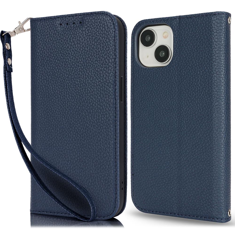

Stand Case for iPhone 14/13 Litchi Texture Leather Flip Phone Cover with Strap/Wallet B