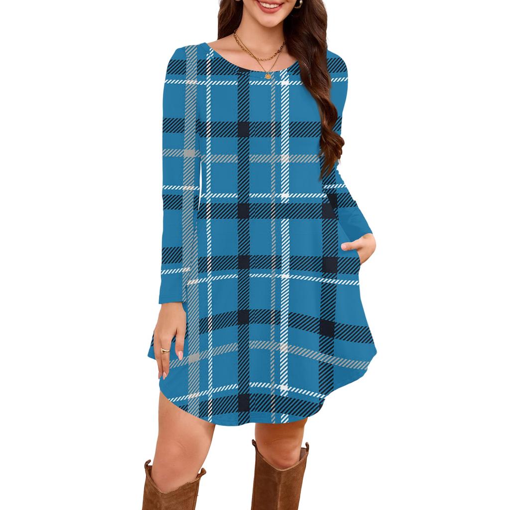 Women's Long-sleeved T-shirt Dress With Round Neck, Knee-length, Loose Fit, Casual And Pockets