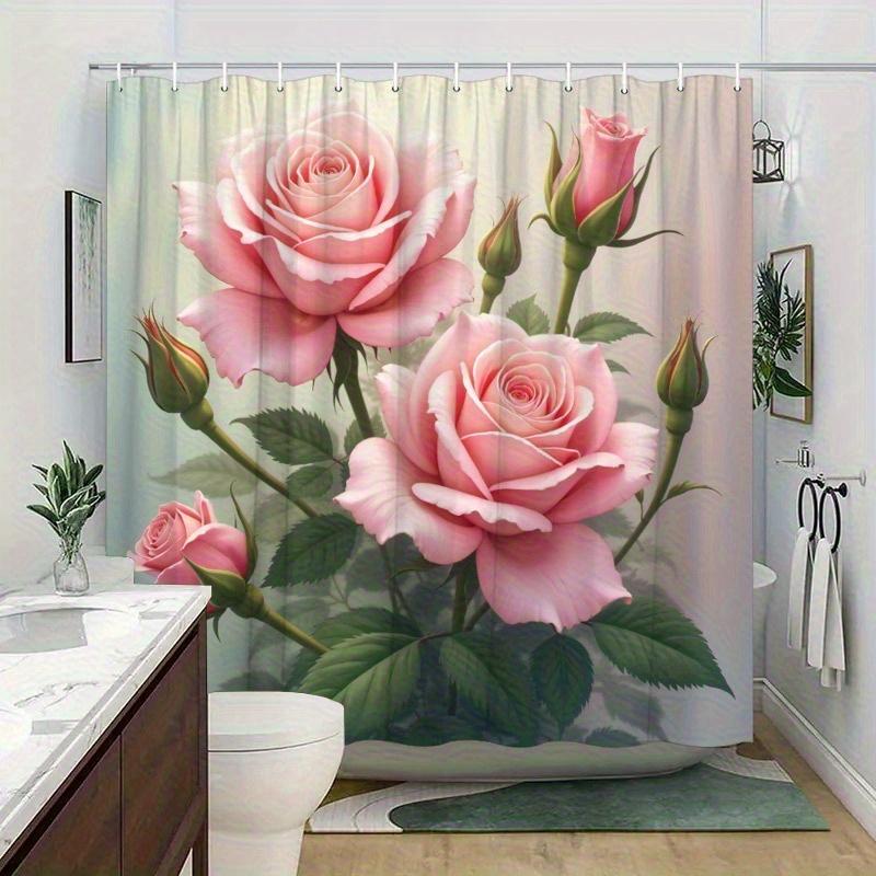 1pc Elegant Pink Rose Bath Curtain - No-Drill Shower Curtain with Hooks, All-Season Floral Design for Bathroom Decor, Rose Decor