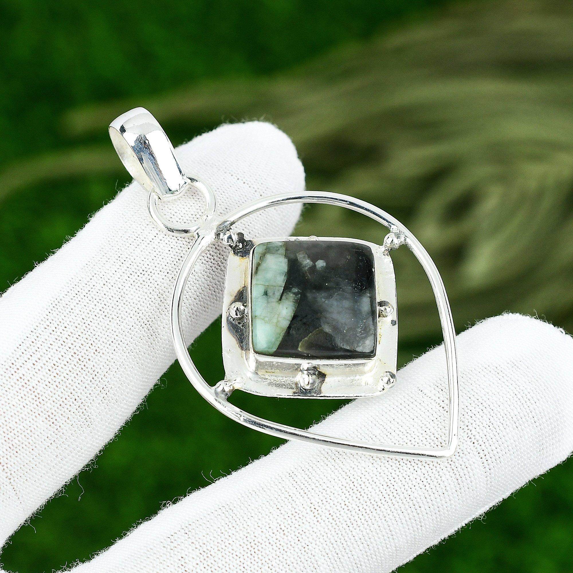 

Квадратный Натуральный Амазонит 925 Стерлинговое Серебро Свадебный Ручной Работы Этнический Кулон