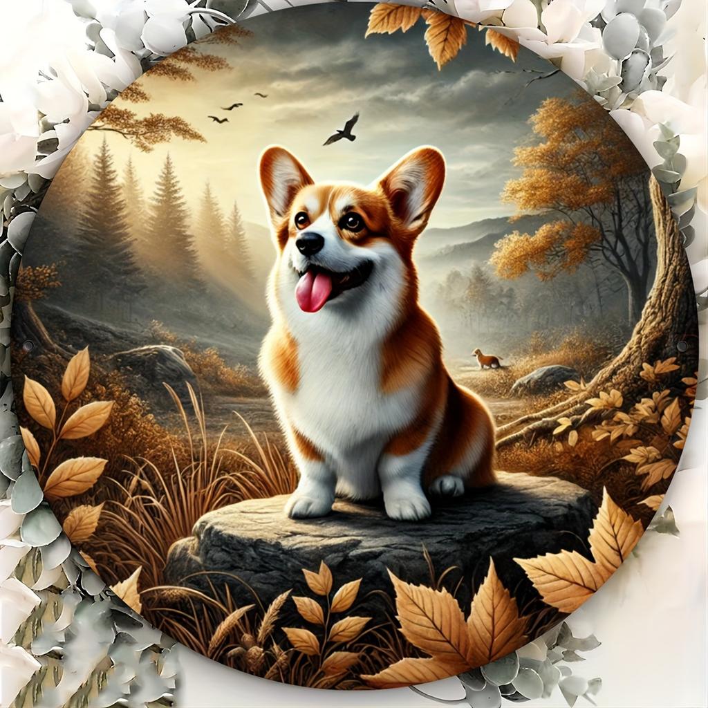 Autumn Forest Corgi Round Metal Tin Sign D Flat Dog Wall Plaque For Home Decor
