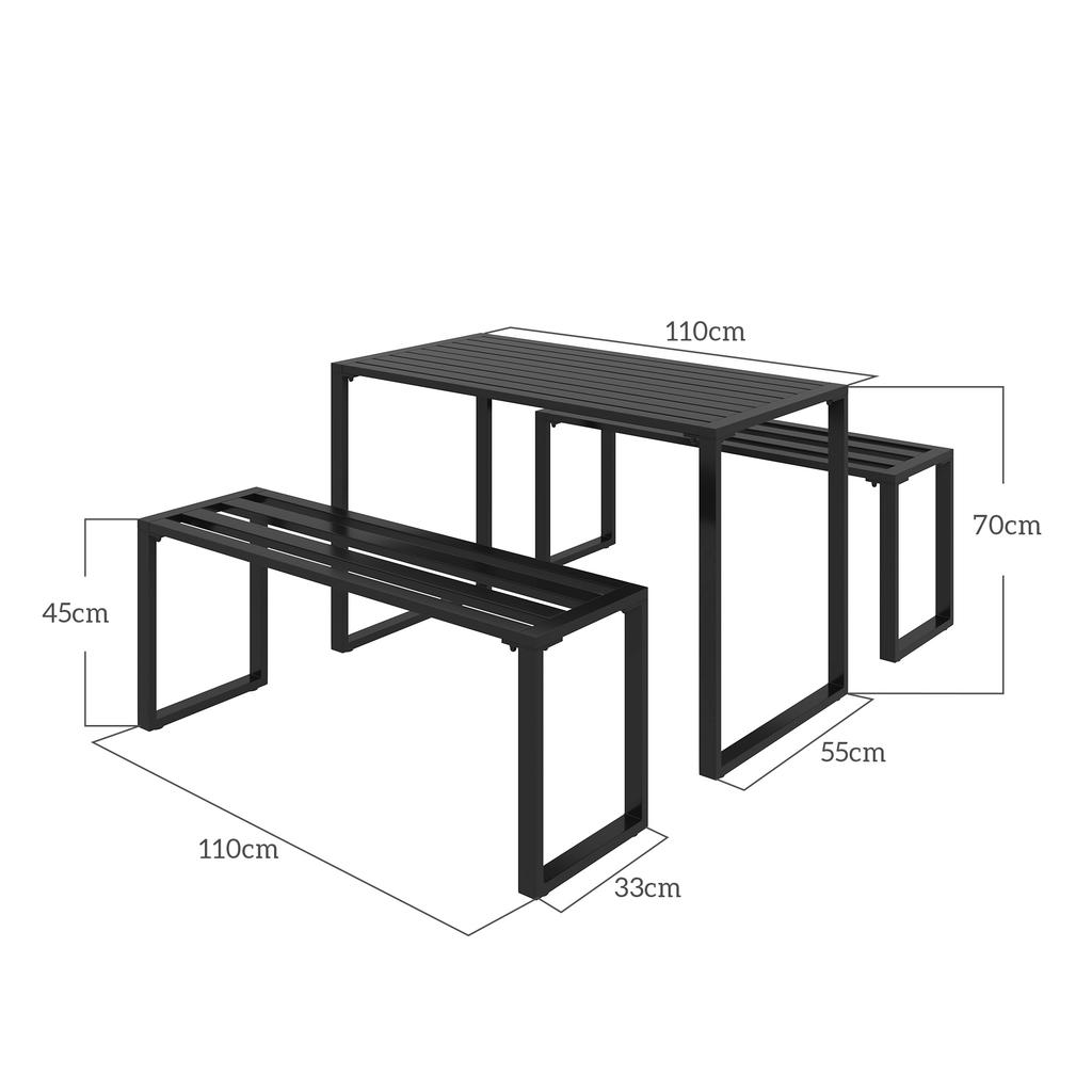Garden Set for 4 People, 1 Table & 2 Benches, Metal, Black