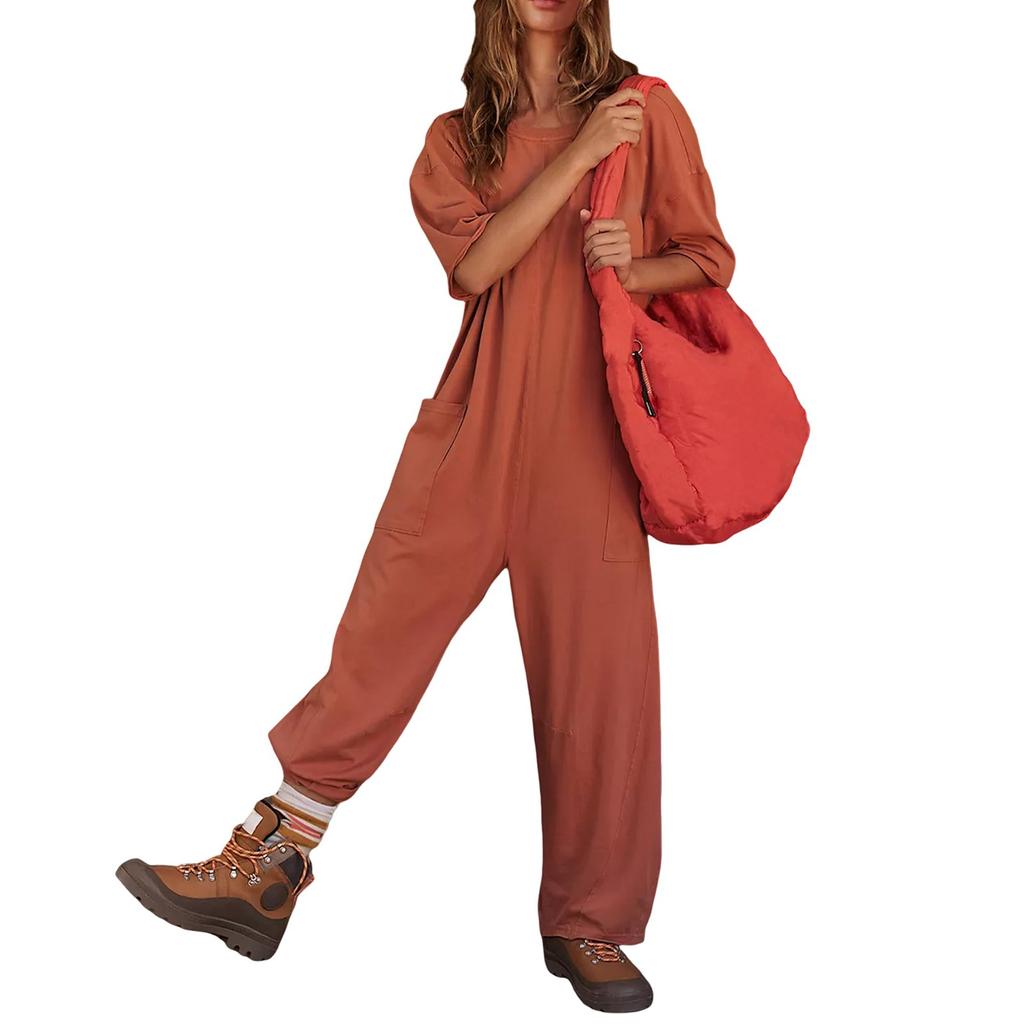 Women Casual Jumpsuits Short Sleeves V Neck Short Sleeve Wide Leg Overalls With Pockets