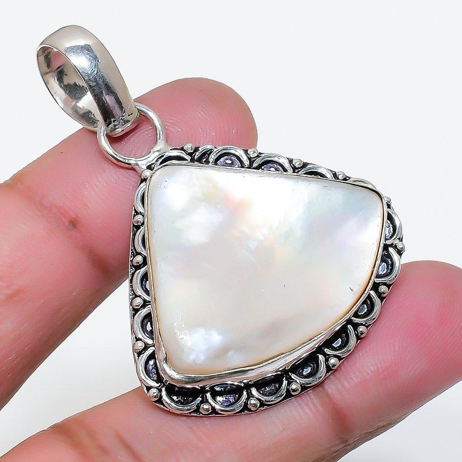 Natural Mother Of Pearl Gemstone 925 Sterling Silver Jewelry Pendant 1.81" AP-16215