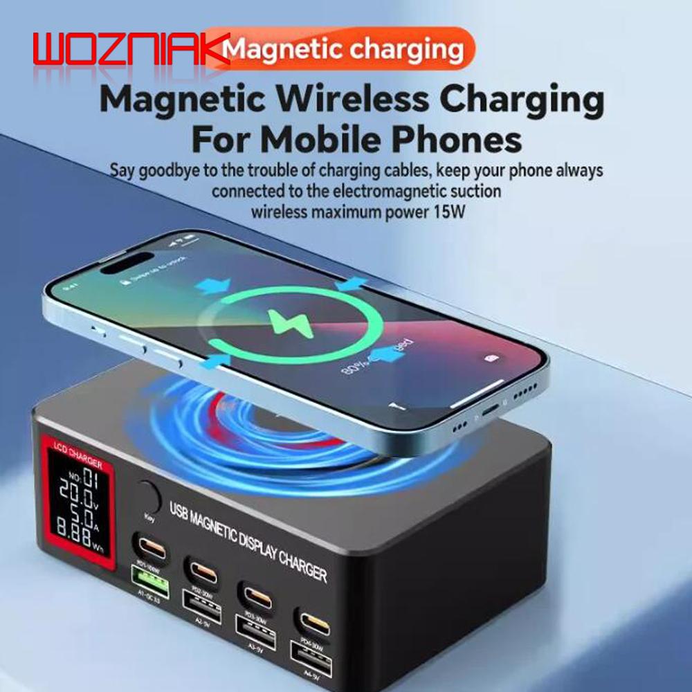 YCS S500/S550/S600 Multi 8 Port USB Charger With 15W Magnetic Wireless Charging PD 100WQC Station For Phones Fast Charge Tools