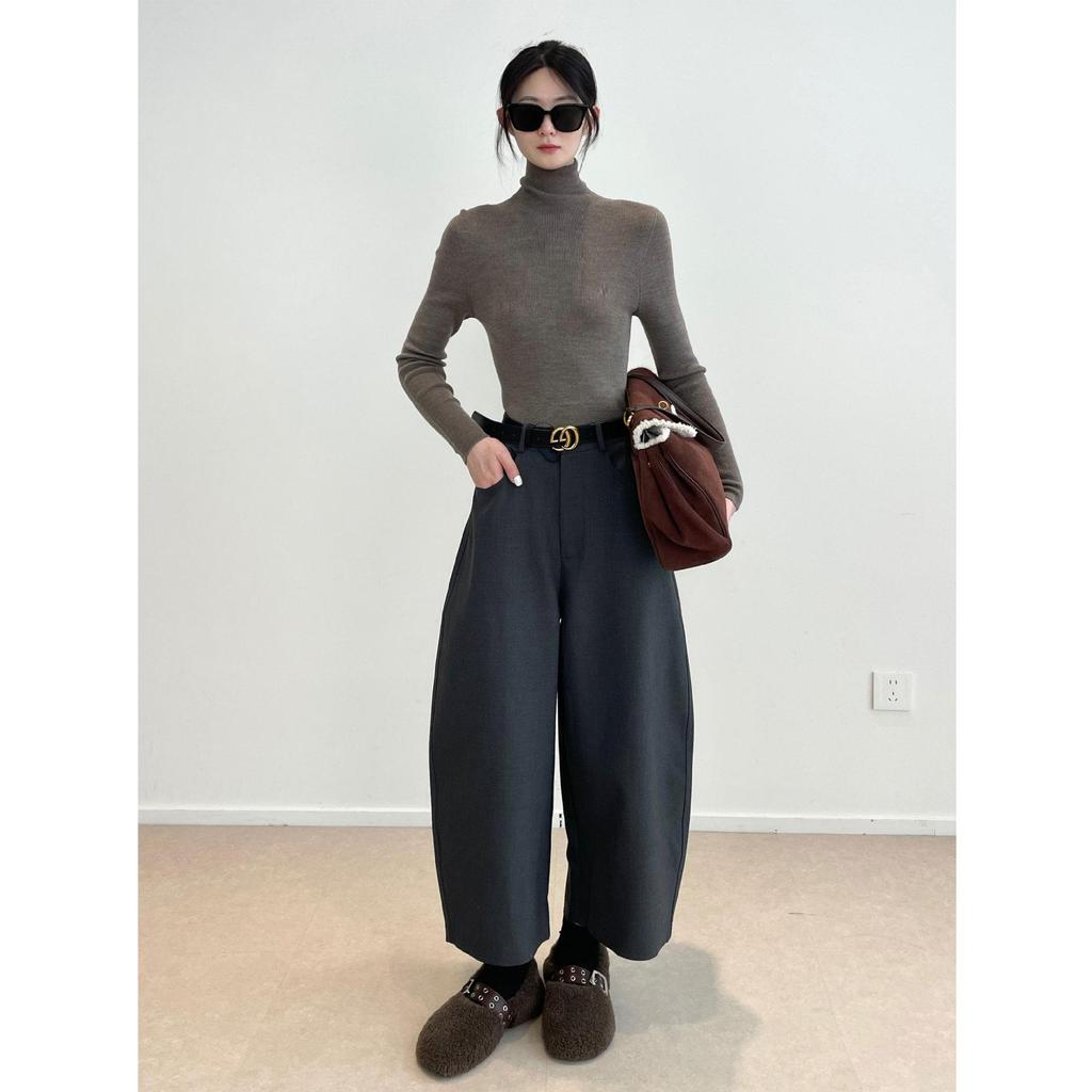 Nan Yu's Autumn Fashion: High-Waisted Scimitar Arc Draped Nine-Point Pants for Women