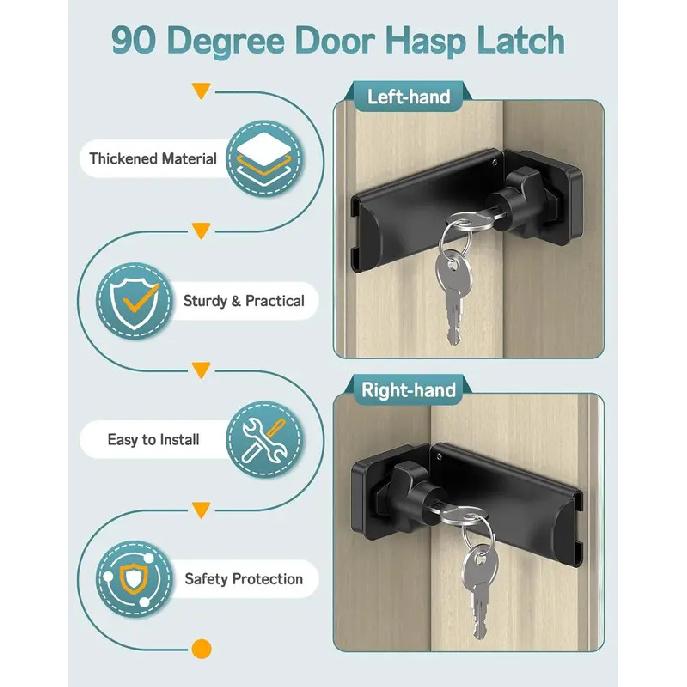 90-Degree Door Lock with Key, Right-Angle Sliding Hasp Latch for Outward-Opening Barn/Closet/Cabinet Doors, Screw Mount, 2 Keys