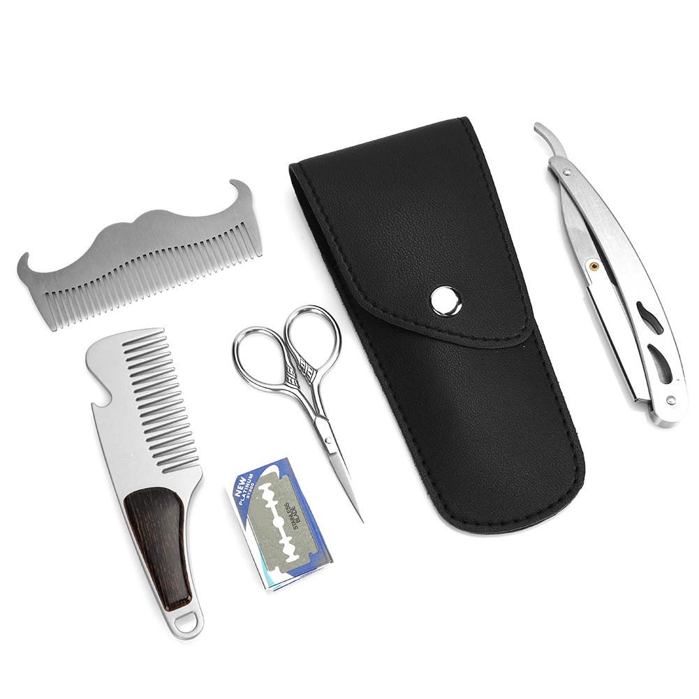 6pcs Beard Kit Shaving Knife Blade Beard Brush Scissors Storage Bag Modeling SetBeard Care Set