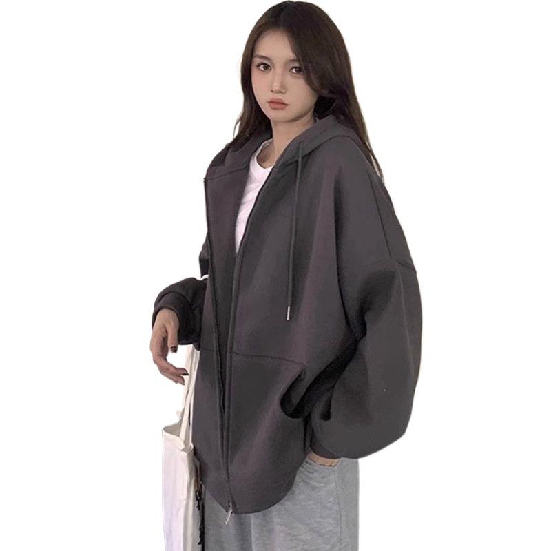 Women's Red Hooded Zip-Up Cardigan - New Year Battle Robe Style, Plus Velvet, Petite Loose Fit for Spring & Autumn