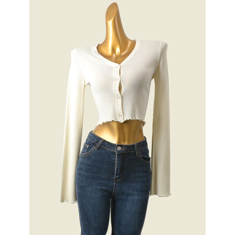 UJIA Wooden Ear Spring Color Matching Long Sleeves Thin Knitwear High Waist Cropped Cardigan