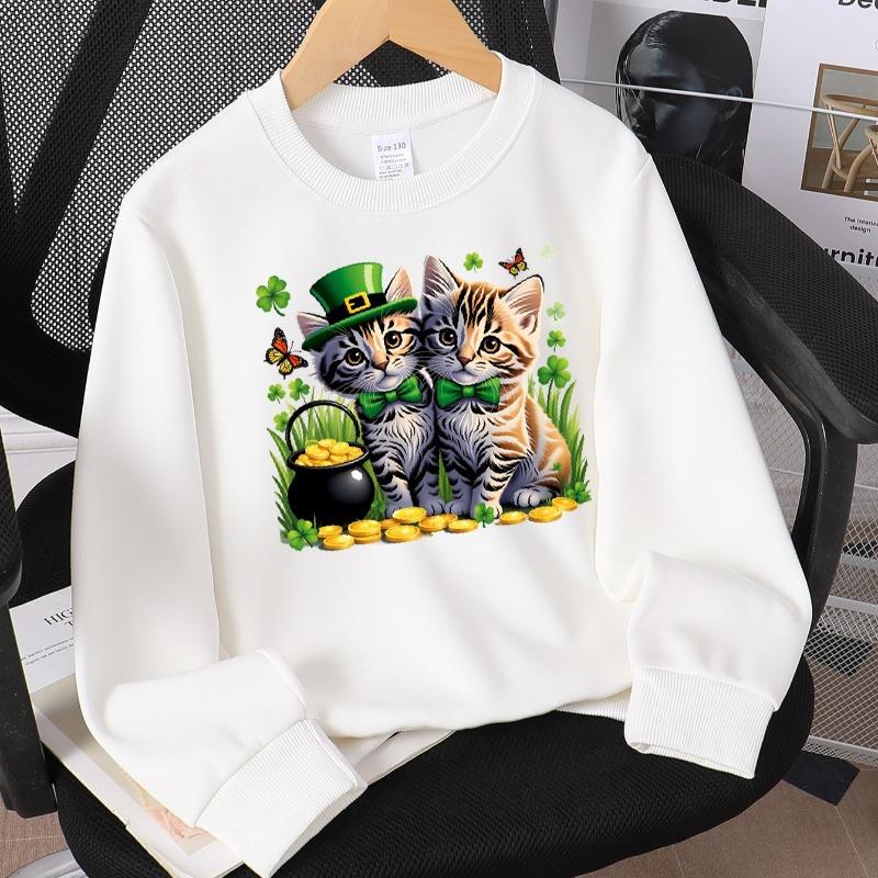 Kids Crewneck Long Sleeve Sweatshirt,Cats with Leprechaun Hat Gold Coins Clover Butterfly Print