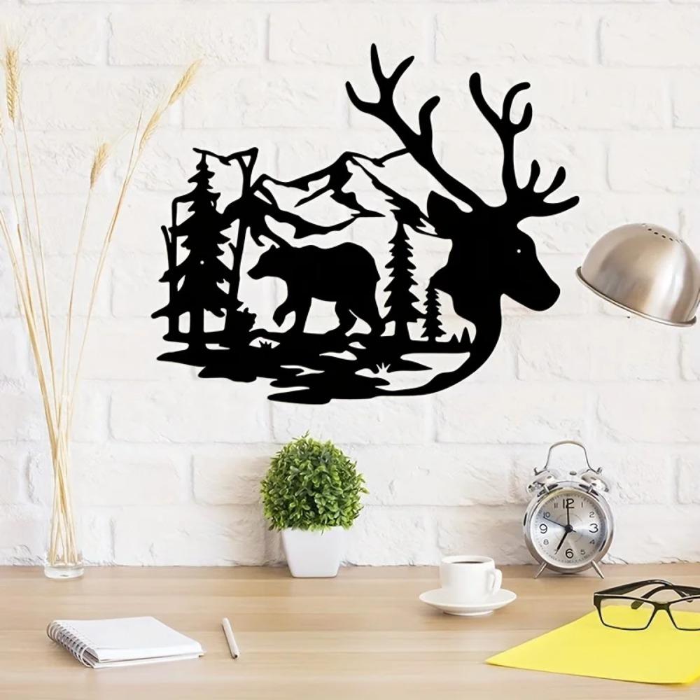Wanddeko Wildtiere - Hirsch und Bär im Wald Kieferbaum Metallschild für Wohnzimmer- und Bürodeko